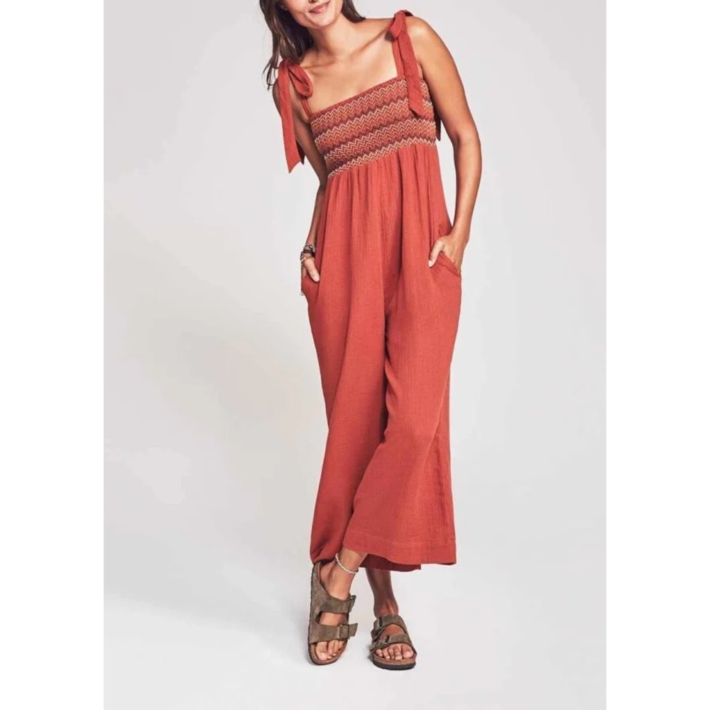 NWOT Faherty Eloise Picante Cotton Gauze Smocked Wide Leg Jumpsuit
